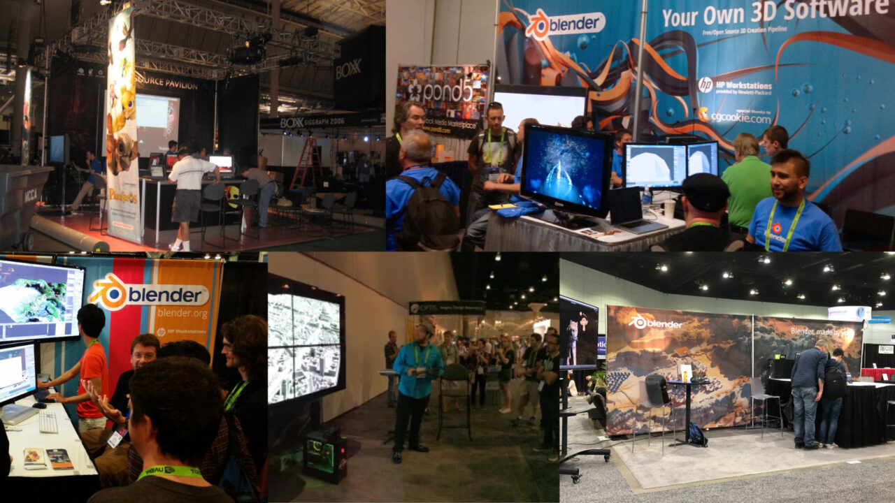 The Blender booth over the years (2006, 2013, 2015, 2017, 2019). Pictures by: Andy Goralczyk Andrew Price, OpenVisualFX, architosh)